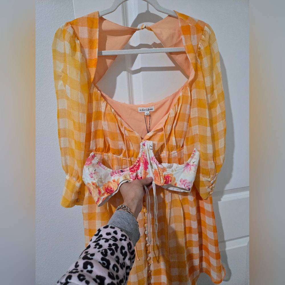 For Love And Lemon Yellow and Orange Plaid Dress with Floral Bow